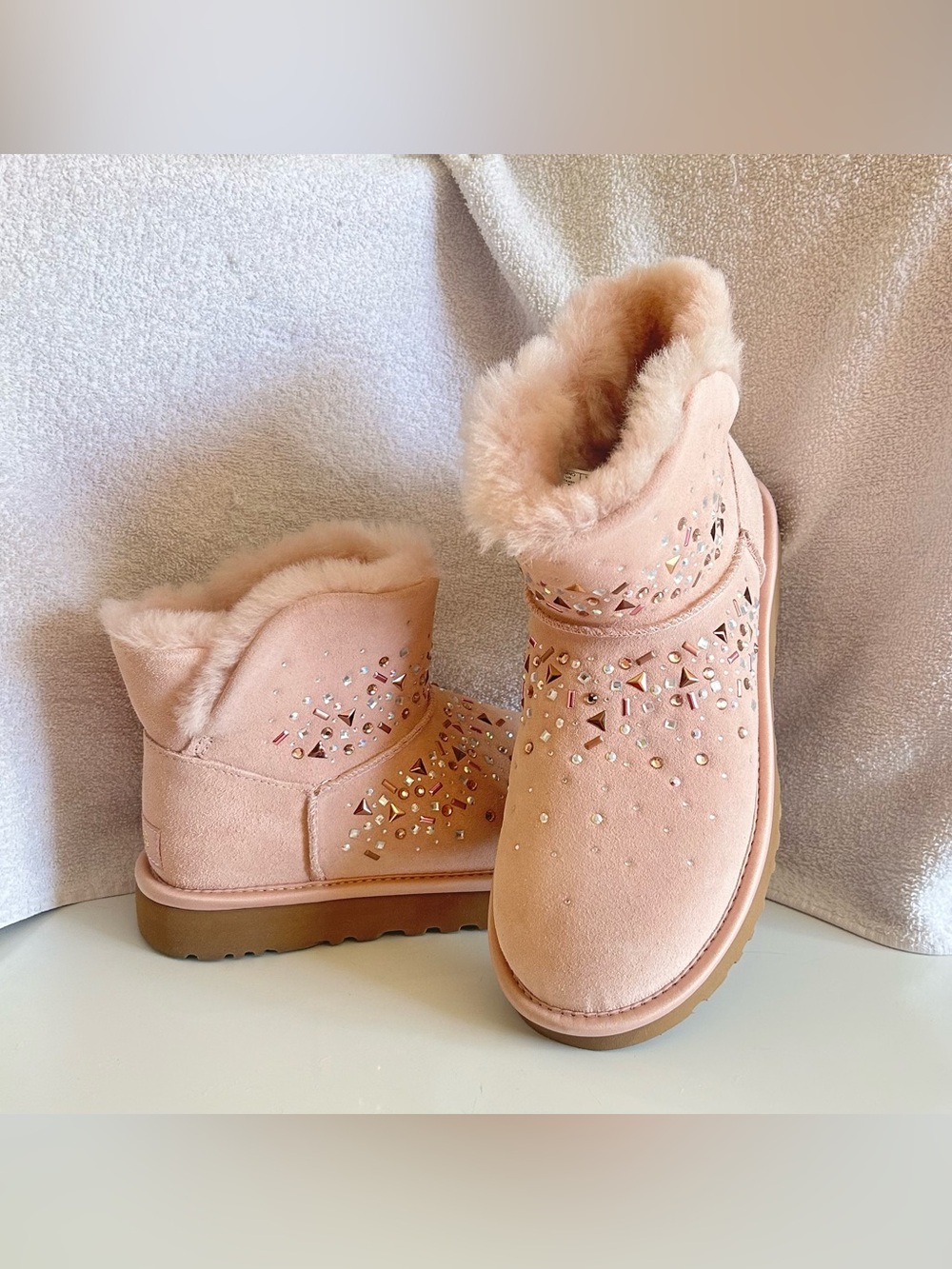 UGG Women's Pink Faux Fur Lined Winter Boots with Crystal Accents